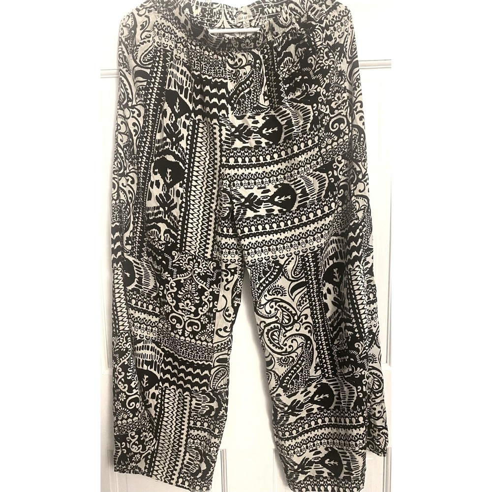 Yak & Yeti Black Cream Paisley Tribal Print Wide Leg Rayon Palazzo Pants Large